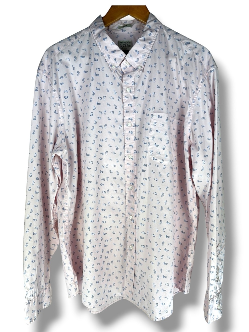 J. Crew "Secret Wash Shirting" Button Down Long Sleeve Pink w/ Blue Leaves XXL